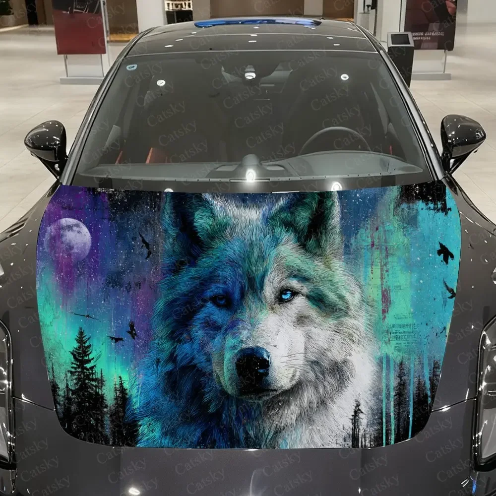 Lonely Wolf in Starry Aurora Forest Car Vinyl Wrap, PVC Waterproof Car Hood Sticker, Self-Adhesive Scratch-Resistant Stickers