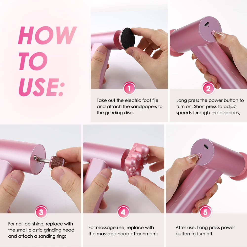 مطحنة قدم كهربائية بثلاث سرعات، مسامير القدم، إزالة مسامير القدم الميت والرطب والجاف القابلة لإعادة الشحن