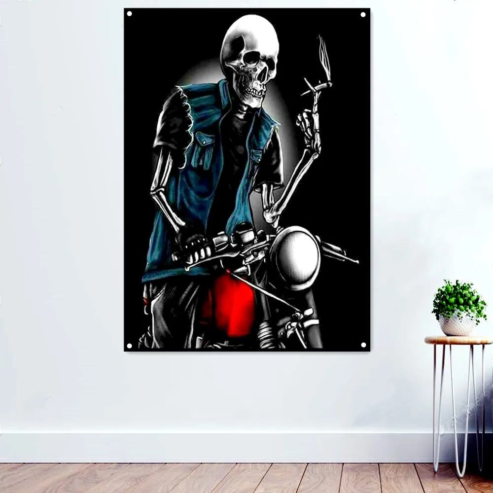 

Smoking Skeleton Motorcycle Rider Death Art Banner Painting Chicano Tattoo Art Poster Wall Hanging Flag Wall Sticker Home Decor