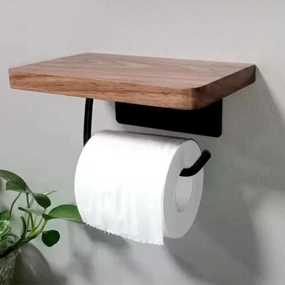 

Toilet Paper Holder with Natural Walnut Wooden Shelf Tissue Roll Hanger Wall Mounted Paper Towel Bar 304 Stainless Steel Paper