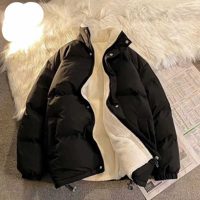 Jaket Khaki dua sisi wanita, mantel wol domba putih tebal hangat reversibel, mantel Parka nyaman musim dingin