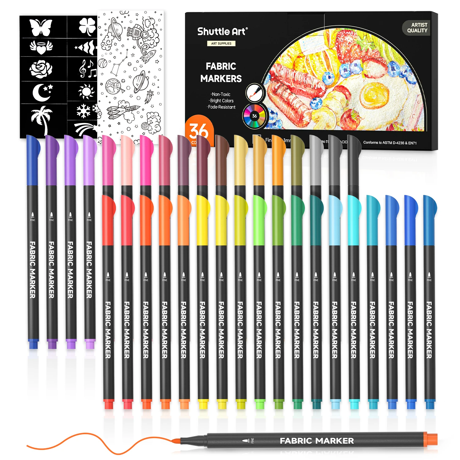 Shuttle Art 36 Colors Fabric Markers, Permanent Markers for T-Shirts Clothes Sneakers Jeans with 11 Stencils 1 Fabric Sheet, Permanent Shirt Pens for Adult Painting Writing