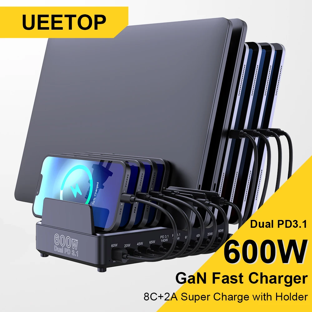 Ueetop 600W Multi USB Fast Charger 10-Port GaN PD 3.1 Charging Station Stand for MacBook iPhone 16 15 iPad Samsung Tablet Laptop