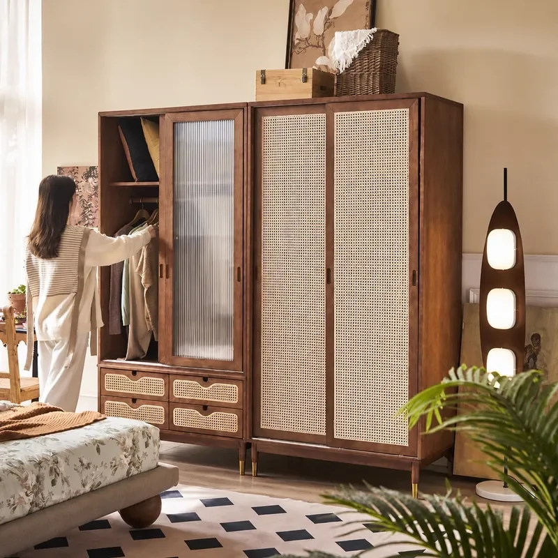 Nordic Solid Wood Wardrobe Sliding Door Closet Large Storage Cabinet for Bedroom Home Apartment Rental Simple Design