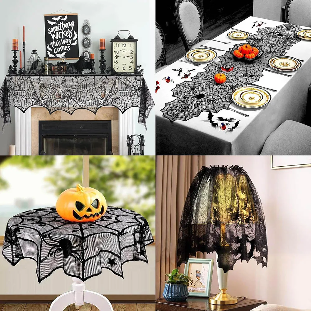 Obrázek 6: Halové halloween dekorace černá krajka stůl runner krb mantel šála kolo ubrus cobweb stínidlo s 3D letouni zeď nálepka