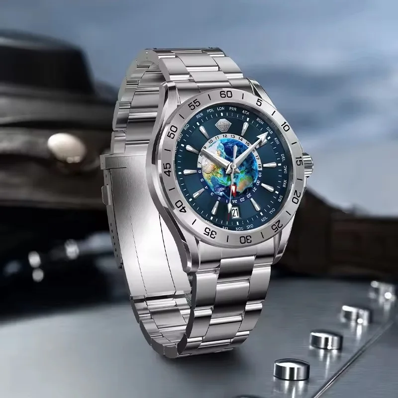 Lobinni Men Automatic Watch 40mm GMT Mechanical Wristwatch 5Bar Waterproof Sapphire Mirror NH34 Earth Dial