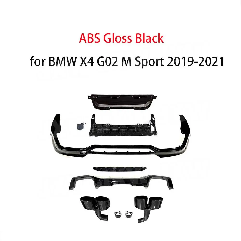 ABS Gloss Black Rear Bumper Diffuser with Stain Steel Exhaust Tips for BMW X4 G02 M Sport 2019-2022 + Rear Lip Diffuser Body Kit