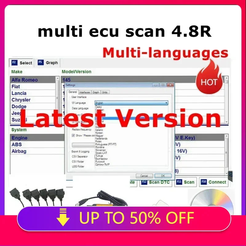 2024 Hot Sale Multiecuscan V4.8 For Fiat/Chrysler/Dodge/Jeep/Suzuki Scanner Software 4.8+ELM327+Flat adapter Registered Unlimite