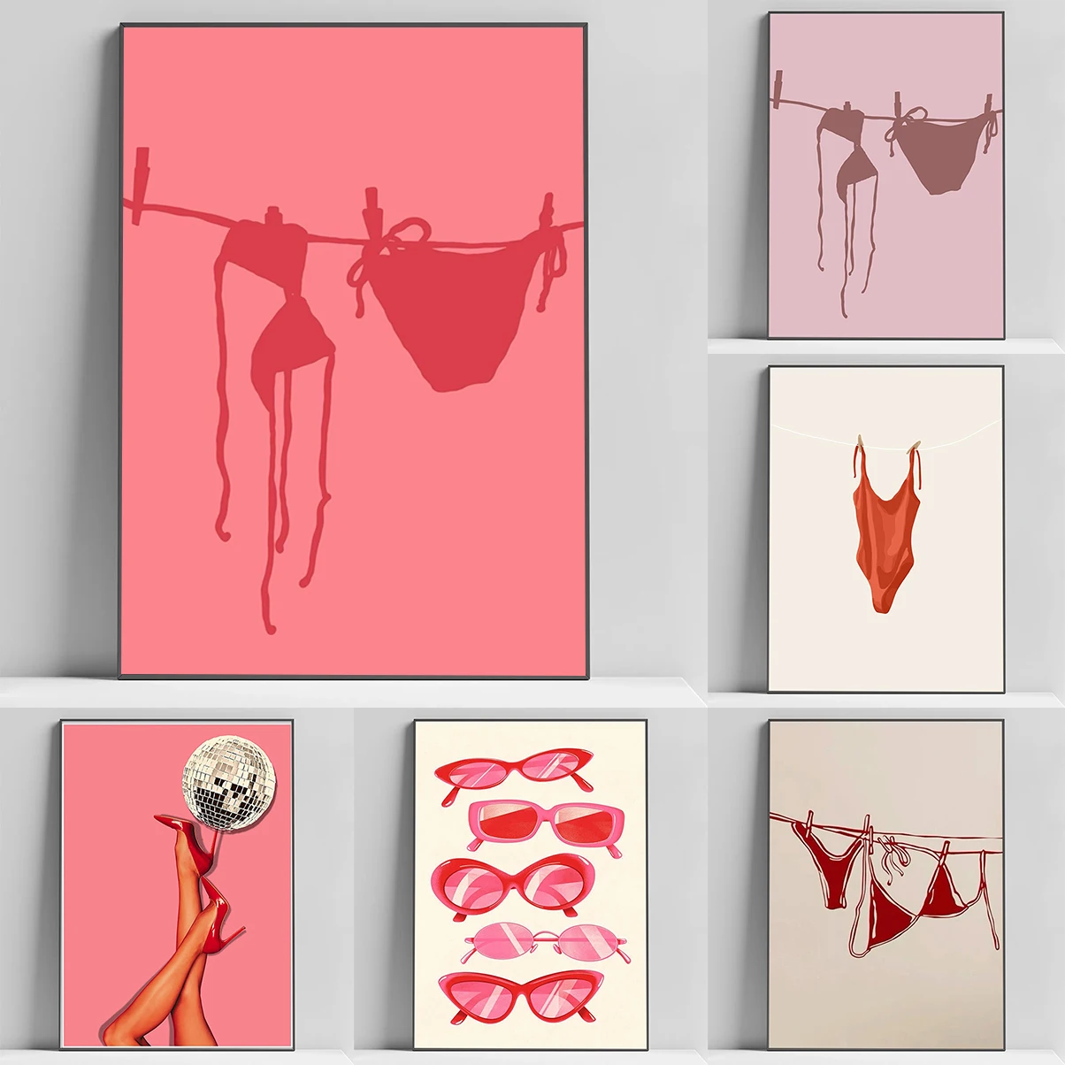 

Retro Coquette Pink Lips Bikini & Bow Heels Poster Y2K Art Interior Paintings Decorative Pictures for Living Room Decor Home