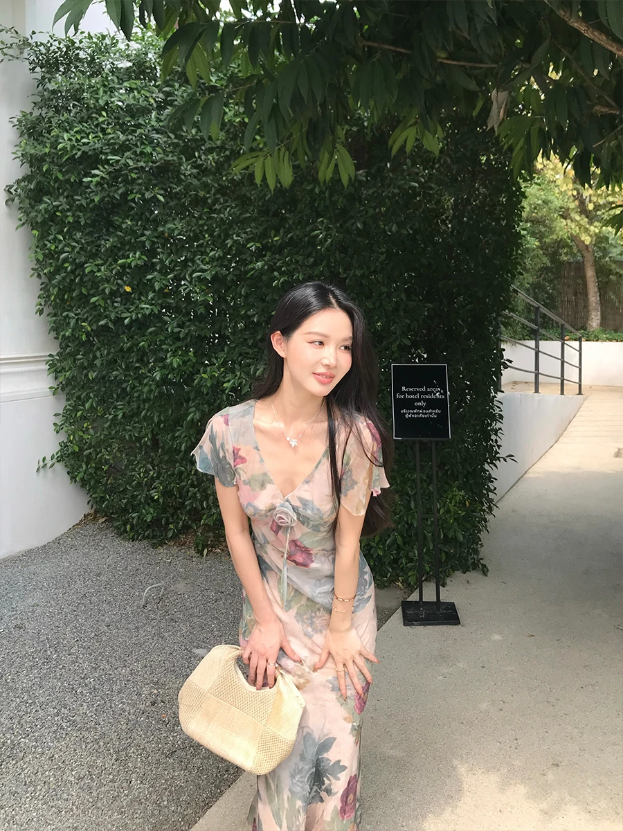 

Retro Oil Painting Silk Dress Women's Spring Summer Slim Fit Miniature Sleeve Long Dress Lacy Zoe Fashionable Breathable City...