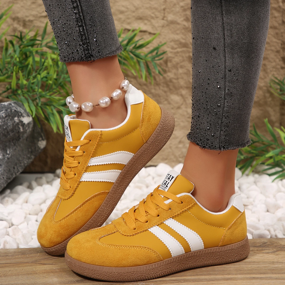 Leichte, bequeme Sneaker für Damen, modische gestreifte Schnürschuhe, lässige, atmungsaktive grüne Sneaker in großen Größen – Detail 3