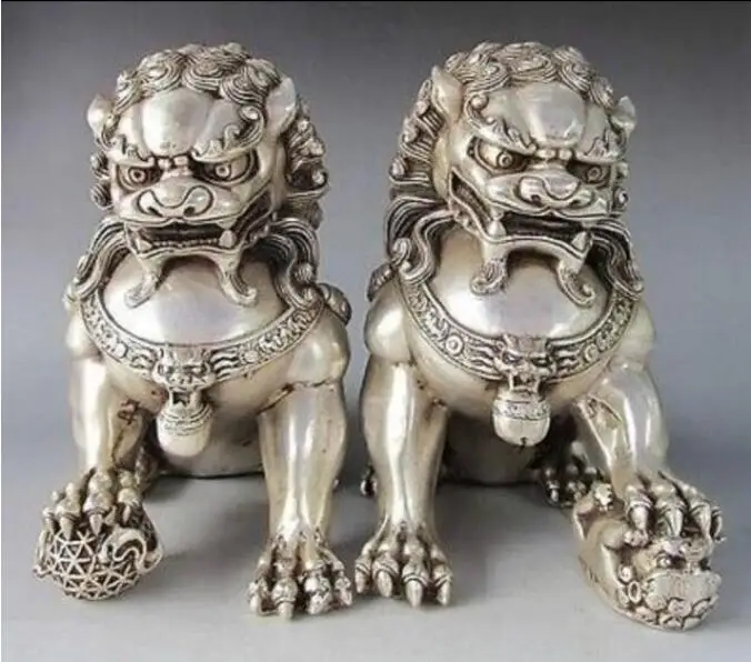 

Copper Statue 6inch Chinese Silver Bronze Guardian Lion Foo Fu Dog Statue Pair