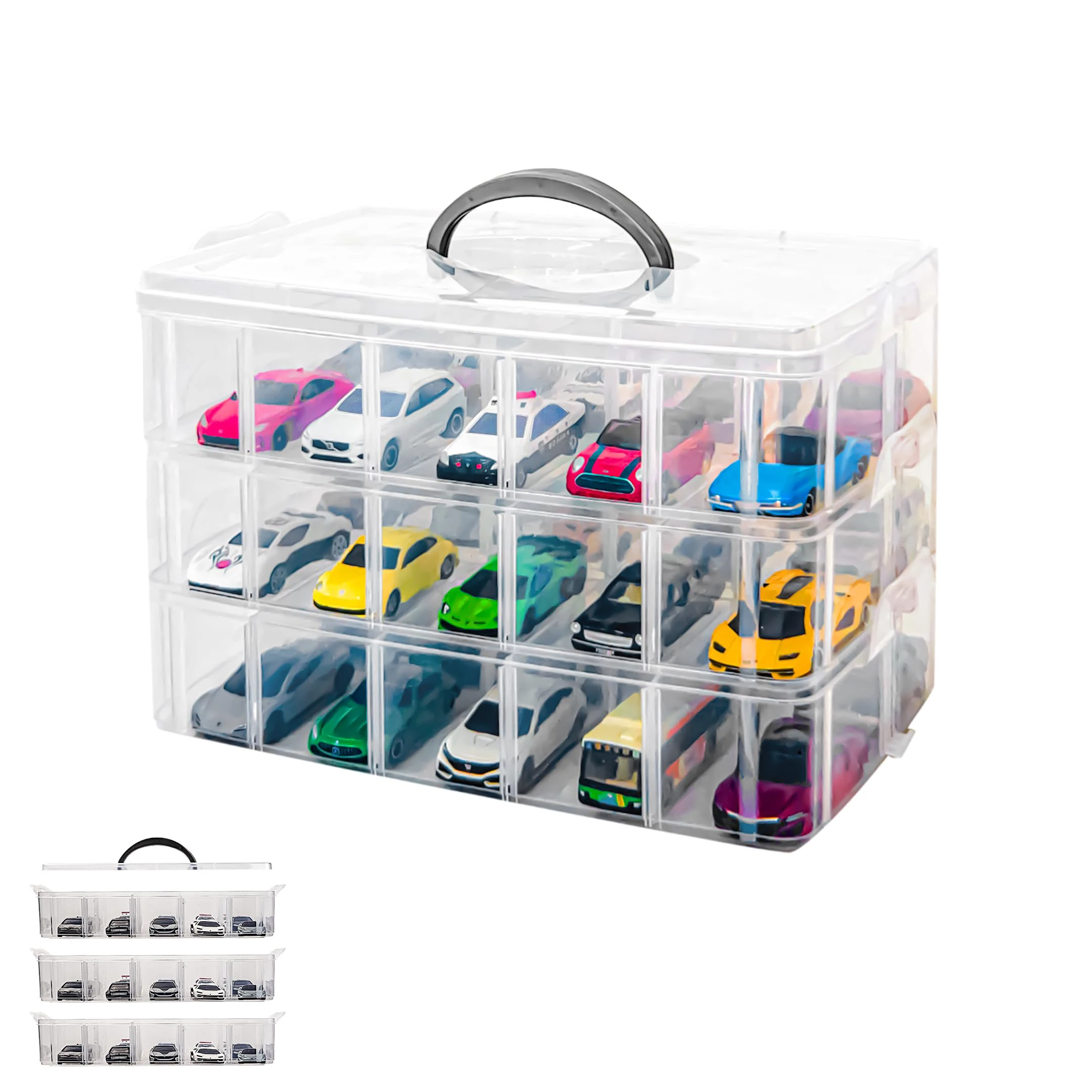 

3 Layer 30 Grid Car Model Storage Containers Stackable Craft Storage Box With Handle Bead Organizer For Art,Toy,Washi Tape,Nail