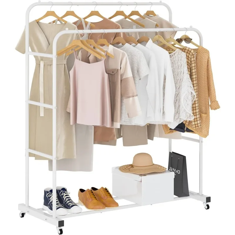 

Double Rods Clothing Rack with Wheels, Garment Rack for Hanging Clothes, Multi-functional Bedroom Clothes Rack, White