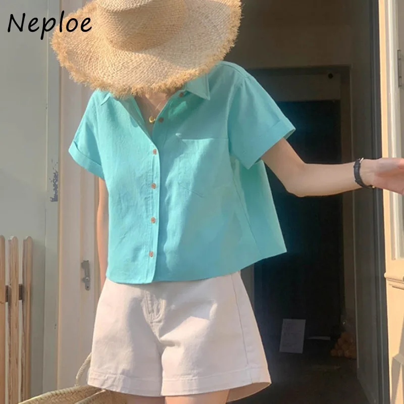 Neploe Simple All-match Lapel Neck Pink Blouses Y2k Short Sleeve Loose Shirts 2024 Summer New Single Breasted Blusas Mujer