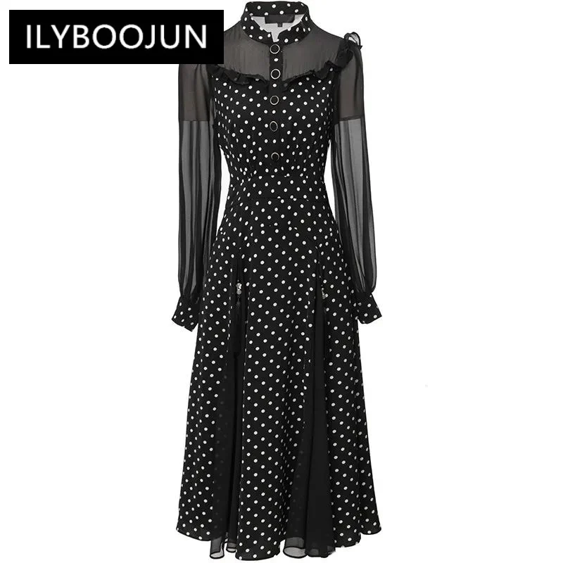 

ILYBOOJUN Fashion Women's Lantern Long-Sleeved Single-Breasted Dress Ruffles Dot Print Elegant Dresses