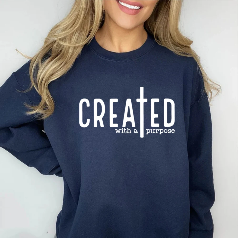 Created with A Purpose Sweatshirt Faith Hoodie Bible Saying Sweatshirt Unisex Long Sleeve Pullover Men Women Graphic Hoodies Top