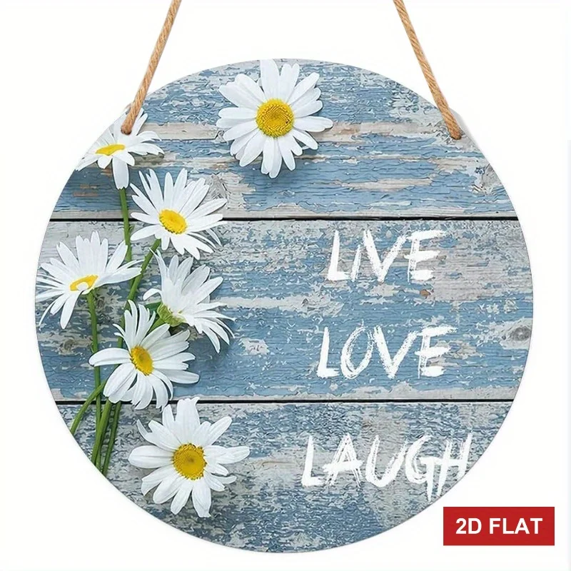 2D Flat Wooden Round Hanging Wooden Sign Daisy Wildflowers Love Happy Country Floral Wreath Sign Country Garden Wall Decor Farmh