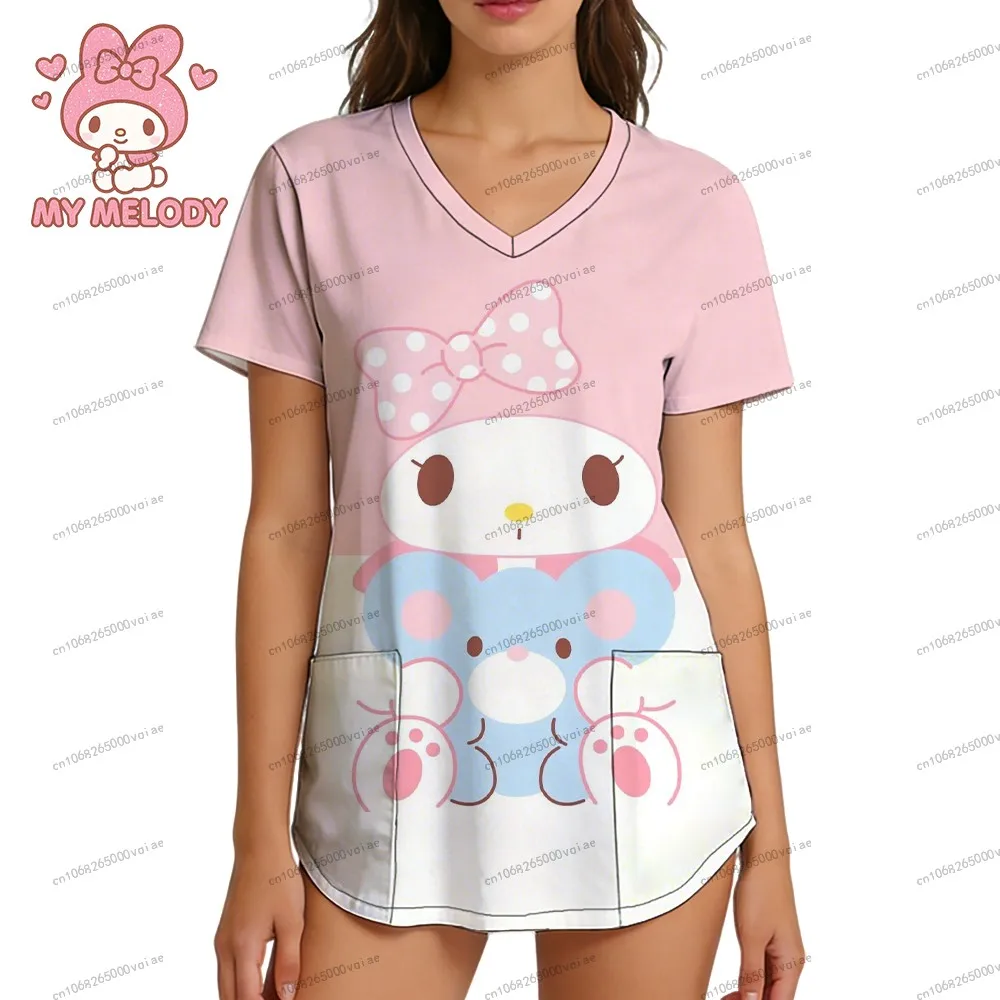 

3D Print Sanrio My Melody Y2k Clothes 2026 New Summer Women's Nurse Uniform V Neck T Shirt Cartoon Pocket Streetwear S-2XL Top