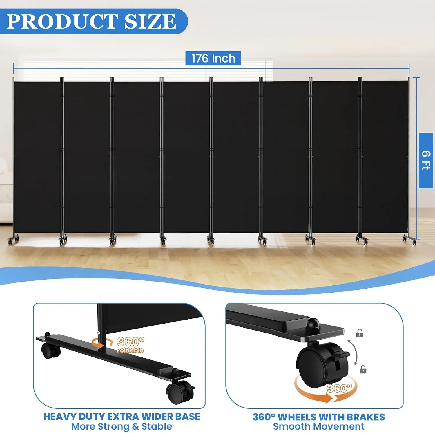 Room Divider Privacy Screens, 8 Panels Dividers with Wheels, Black | 176