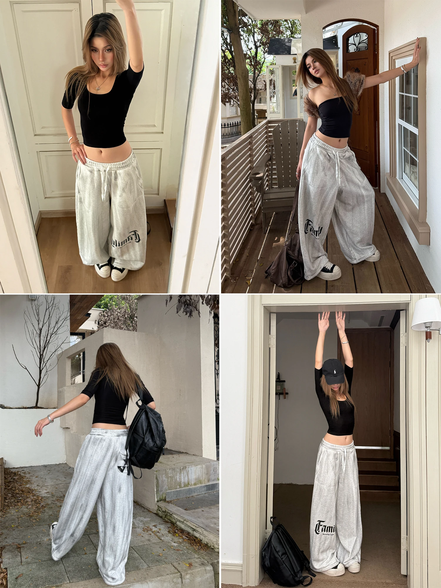 Audwyn Handmade Oversized Casual Women's Sweatpants Street Style Washed Outdated Print Loose Fit Sporty Pants