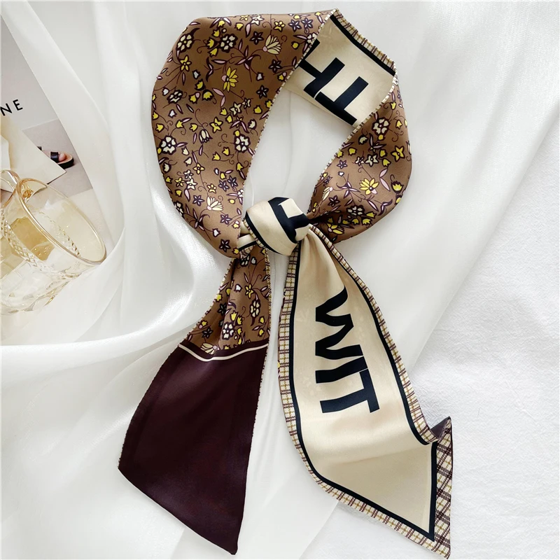 Luna&Dolphin Spring Cream Color Abstract Painting French Silk Feeling Scarf Chiffon 130x8cm Letter Printed Bag Ribbon Headbands