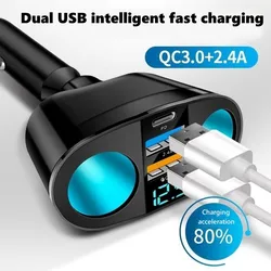 New Dual USB type-C Car Charging Cigarette Lighter Expansion Digital Display QC3.0 Fast Charging Multifunctional Car Charger