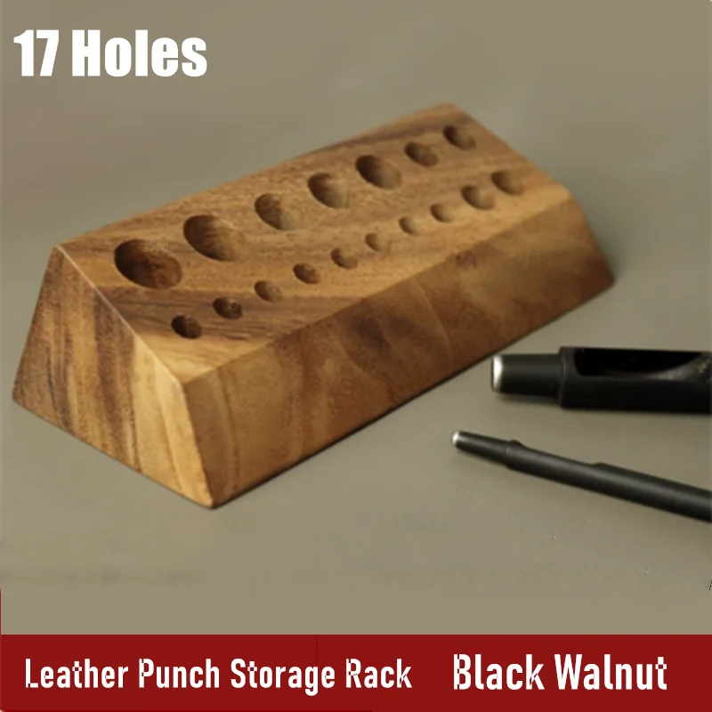 MINGJIA Leather Punch Storage Rack Black Walnut Solid Wood Wood Wax Oil 17 Holes Electric Creasing Iron Head Holder Organizer