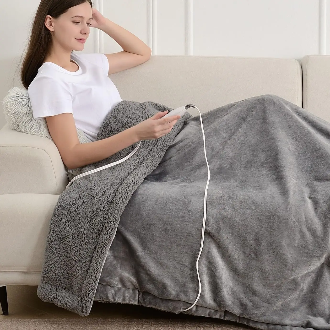 

Утяжеленное одеяло с подогревом, 12 фунтов, двойной размер, 4 уровня нагрева с автоматическим отключением, флис из шерпа для взрослых