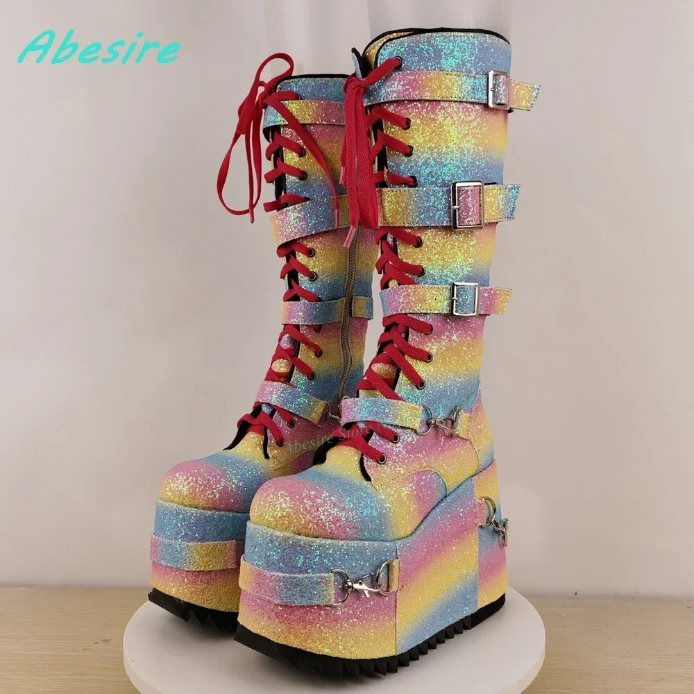 Lolita Y2K Sweet Cute Shoes Newplatform Cross-Tied Wedges Shoes for Women Colorful Bling Glitter Multi-Buckles Knee High Boots view 5