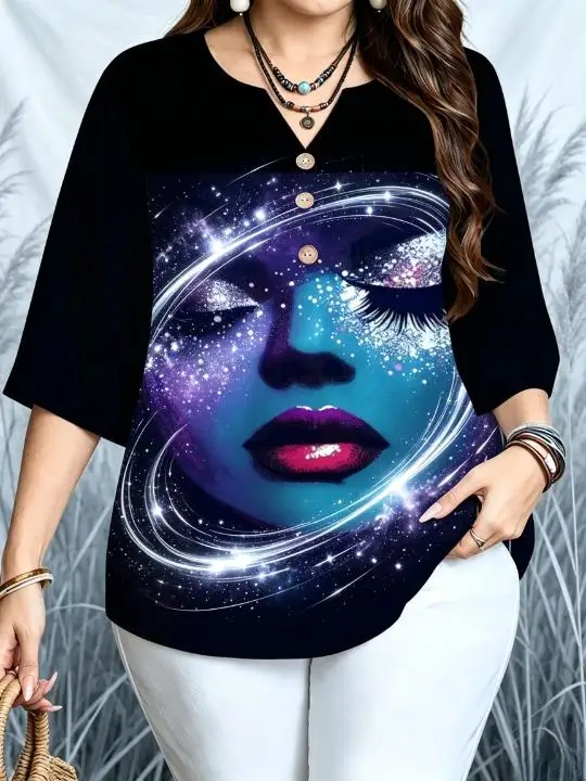 Plus Size Women Abstract Face Art Print Blouse Notch V Neck 3/4 Sleeve Three Decor Buttons Loose Casual Daily Top
