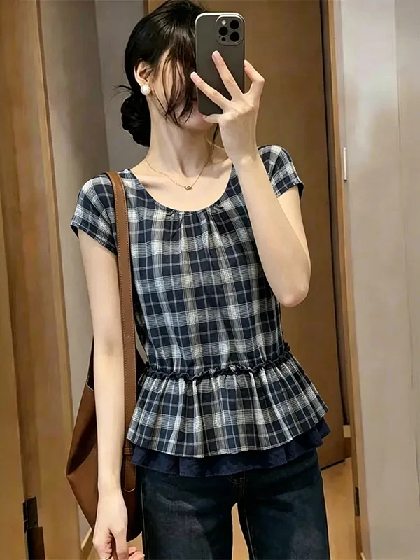 

plus Size Korean Plaid Fly Sleeve Top Women Summer New Anti-Aging Frou Frou Hemming Slimming Doll Shirt Inner Wear