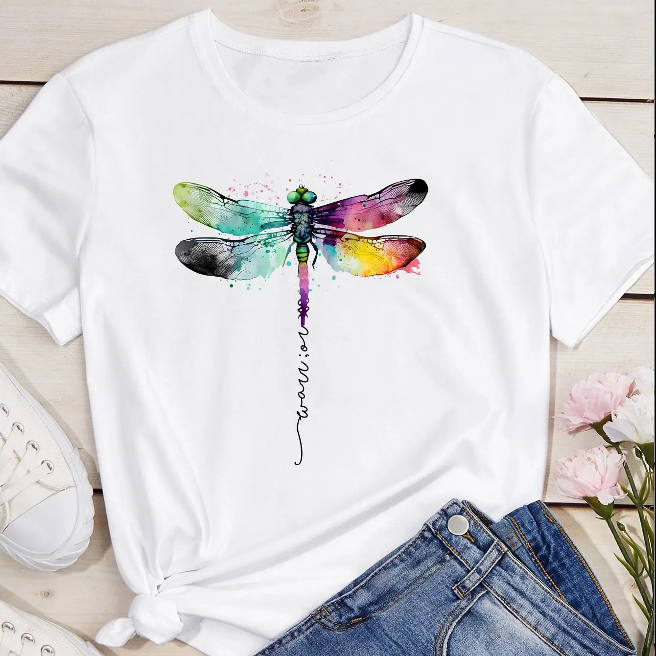 Women's short-sleeved T-shirt summer top butterfly pattern design soft texture fashionable and comfortable personalized