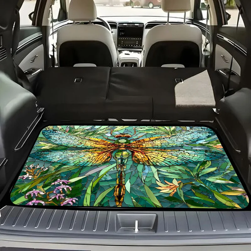 1pc Stylish Car Trunk Mat | Mosaic-Style Dragonfly With Green Body & Yellow Stripes, Colorful Tile Wings, Green Leaves & Pink/Or