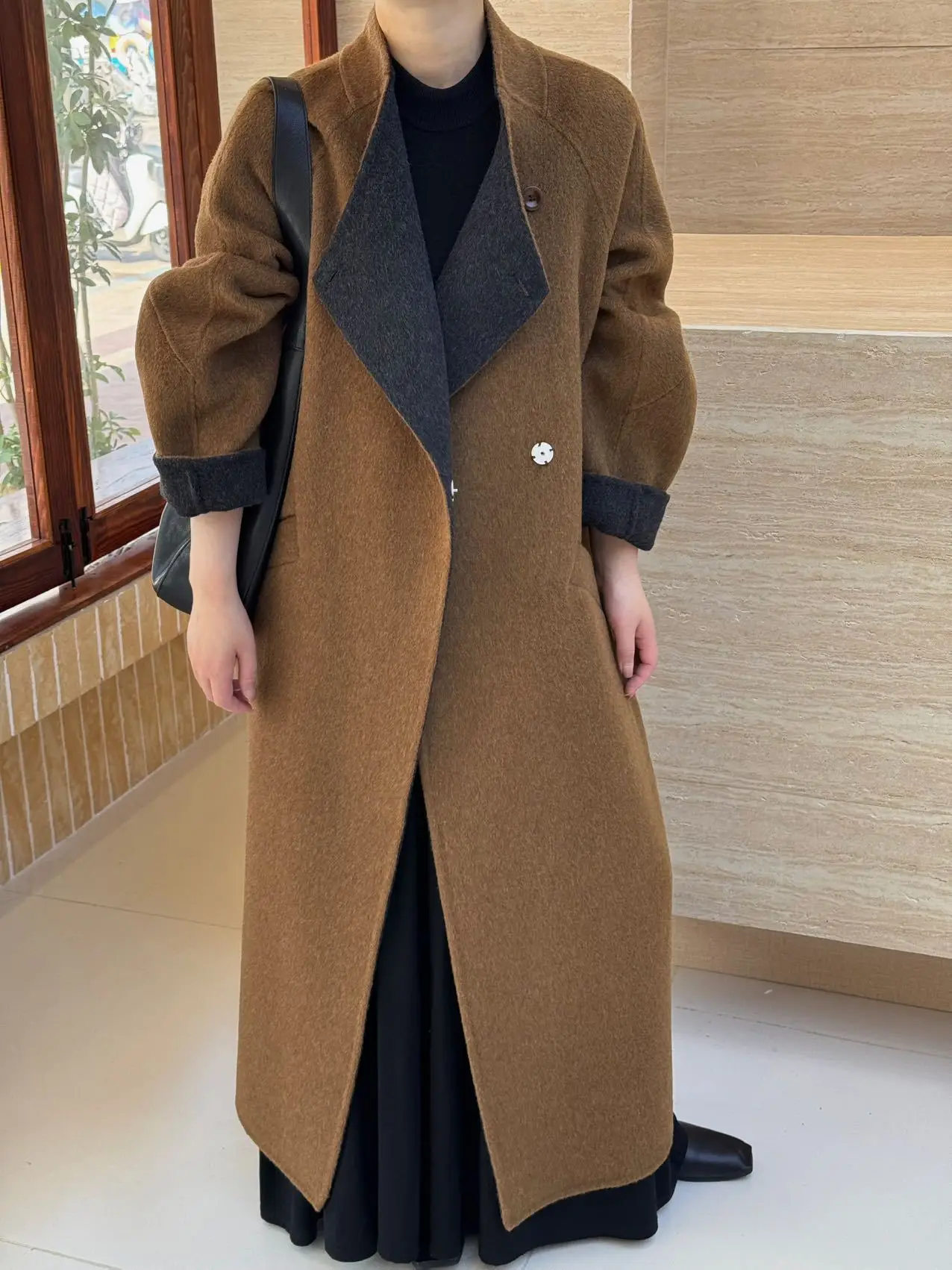 

2025 autumn and winter new tall contrasting color double-sided cashmere coat women's extended lace up woolen coat