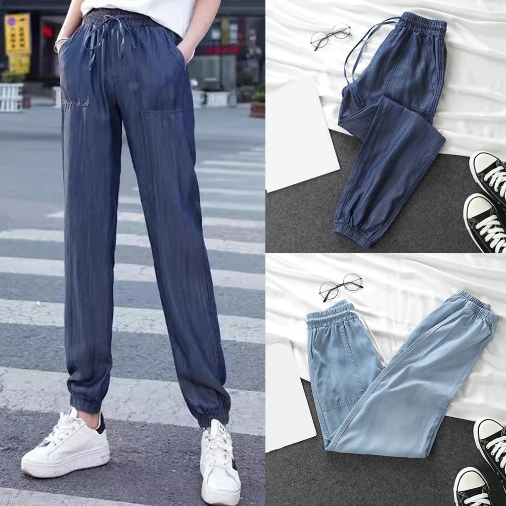 أنماط الصيف غير الرسمية المرأة سراويلي حريمي فضفاض الرباط بنطلون علامة حجم XL طول منتظم السراويل رقيقة خفيفة الوزن النسيج