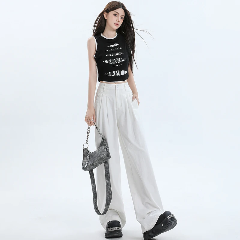 2025, neue amerikanische Retro-lose Hose mit weitem Bein, weißer Tropfen, atmungsaktiv und vielseitig, gerade Cowboy-Freizeithose für Damen