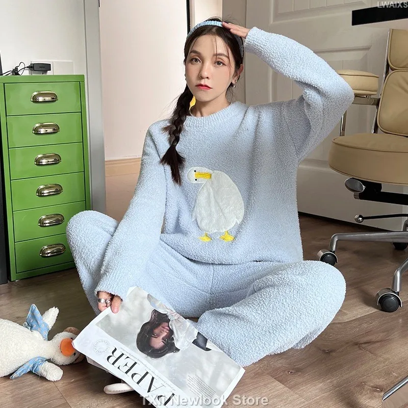 

Cute Duckling Pajamas Women's Autumn and Winter Soft Thickened Knitted Cartoon Age-reducing Academy Style Home Clothes