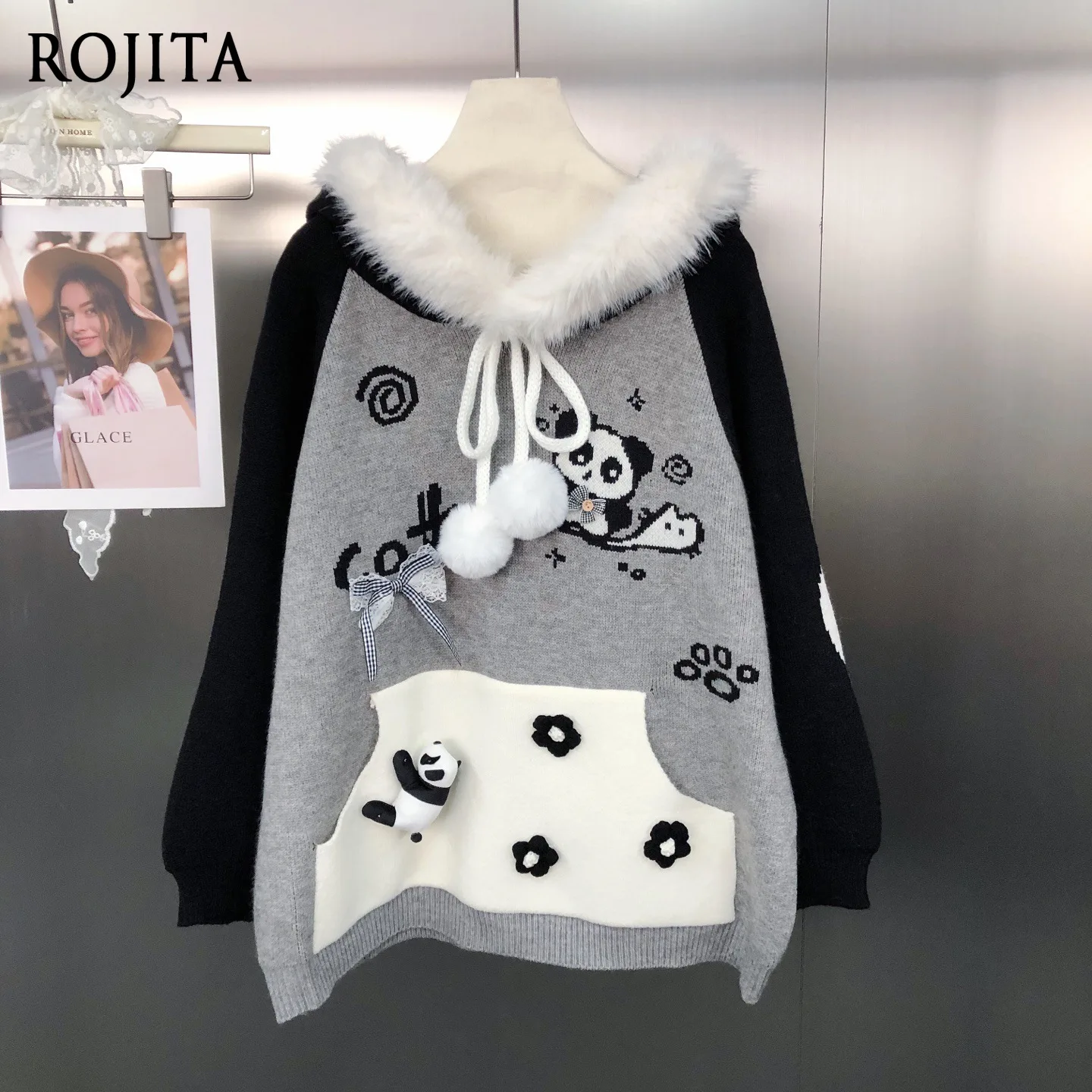 

Japanese Style Trendy 3D Panda Jacquard Loose Age-Reducing Versatile Color-Block Raglan Long Sleeve Hooded Sweater for Women