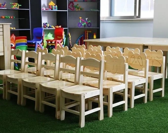 

Kindergarten children's wooden long square table log double double table six-person study desks and chairs solid wood table