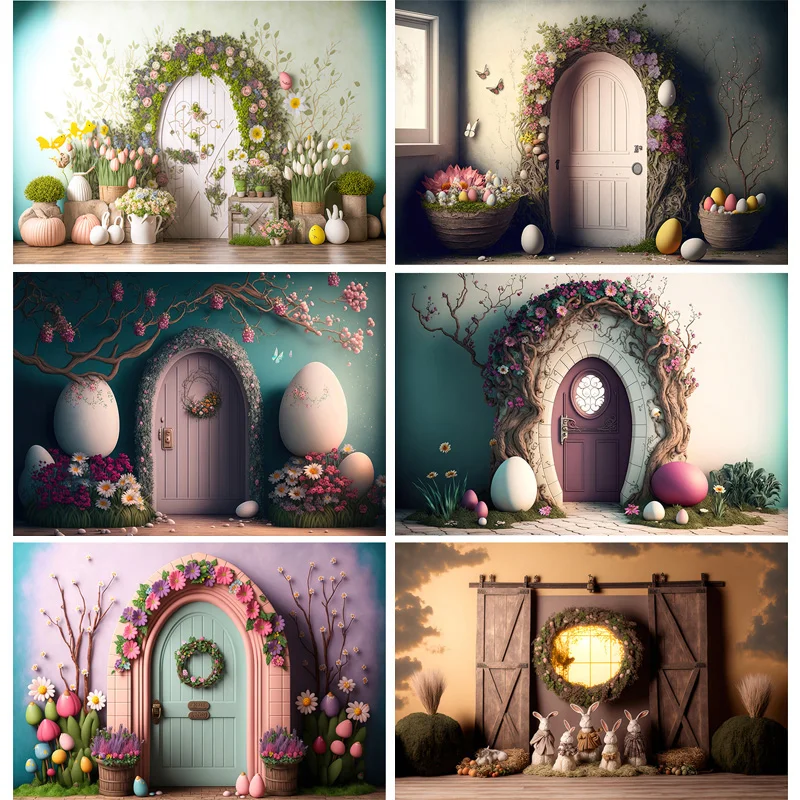 Nitree Easter Scene For Photo Studio Background Celebrations Spring Eggs Rabbits Doors Photography Backdrops Props FR-08