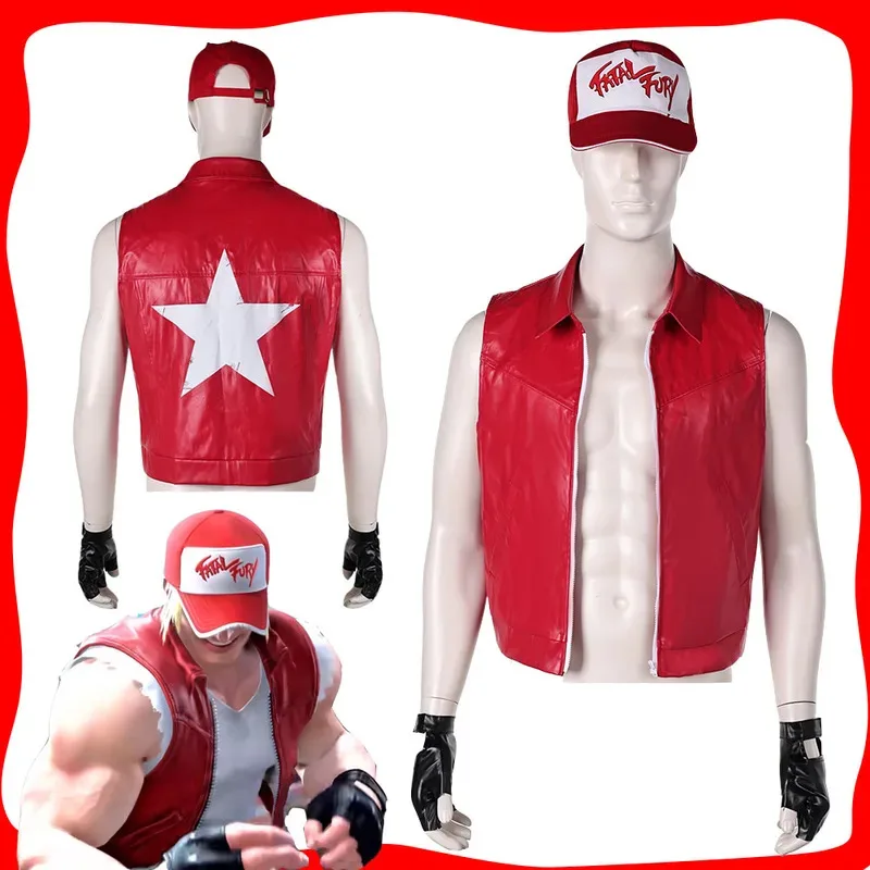 

Game Tekken Terry Cosplay Red Vest Hat Gloves Set Costume Men Jacket Cap Outfits for Adult Fantasy Top Halloween Carnival Suit