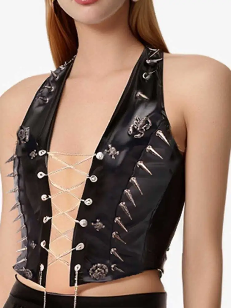 y2k clothes Rivets Skull Tank Tops Gothic Tops Punk Tank Tops vintage tops y2k crop top bustier top corset top gothic clothes