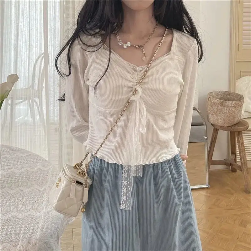 Solar System Pure Desire Lace Long Sleeved Women Spring Design Sense Niche Shirring Square Neck Solid Color Knitting T-shirt