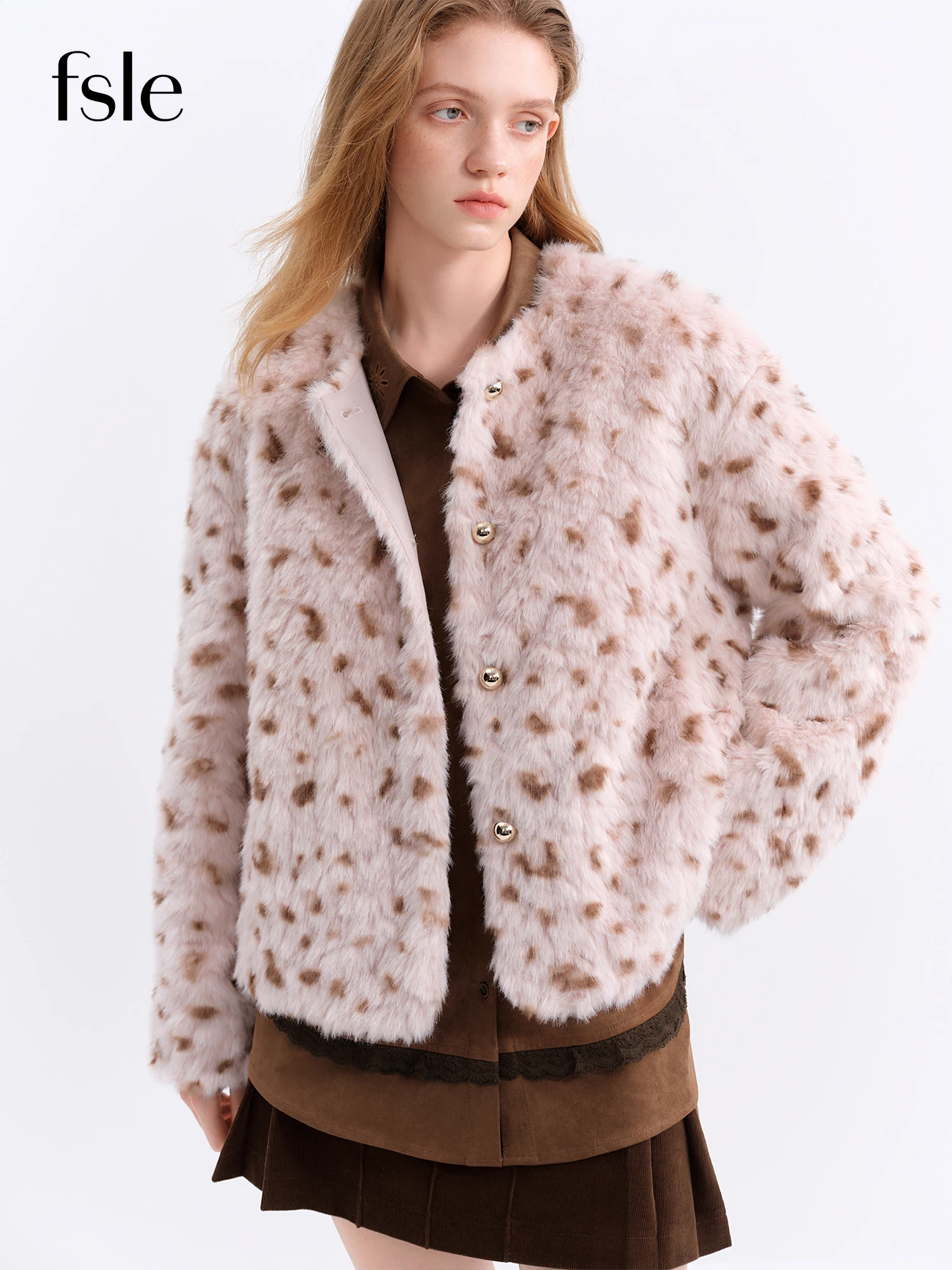 FSLE Chestnut Brown Leopard Print Women Faux Fur Stylish A-Line Trench Coat Fall Winter 2025 New Arrival Cozy Winter Essentials