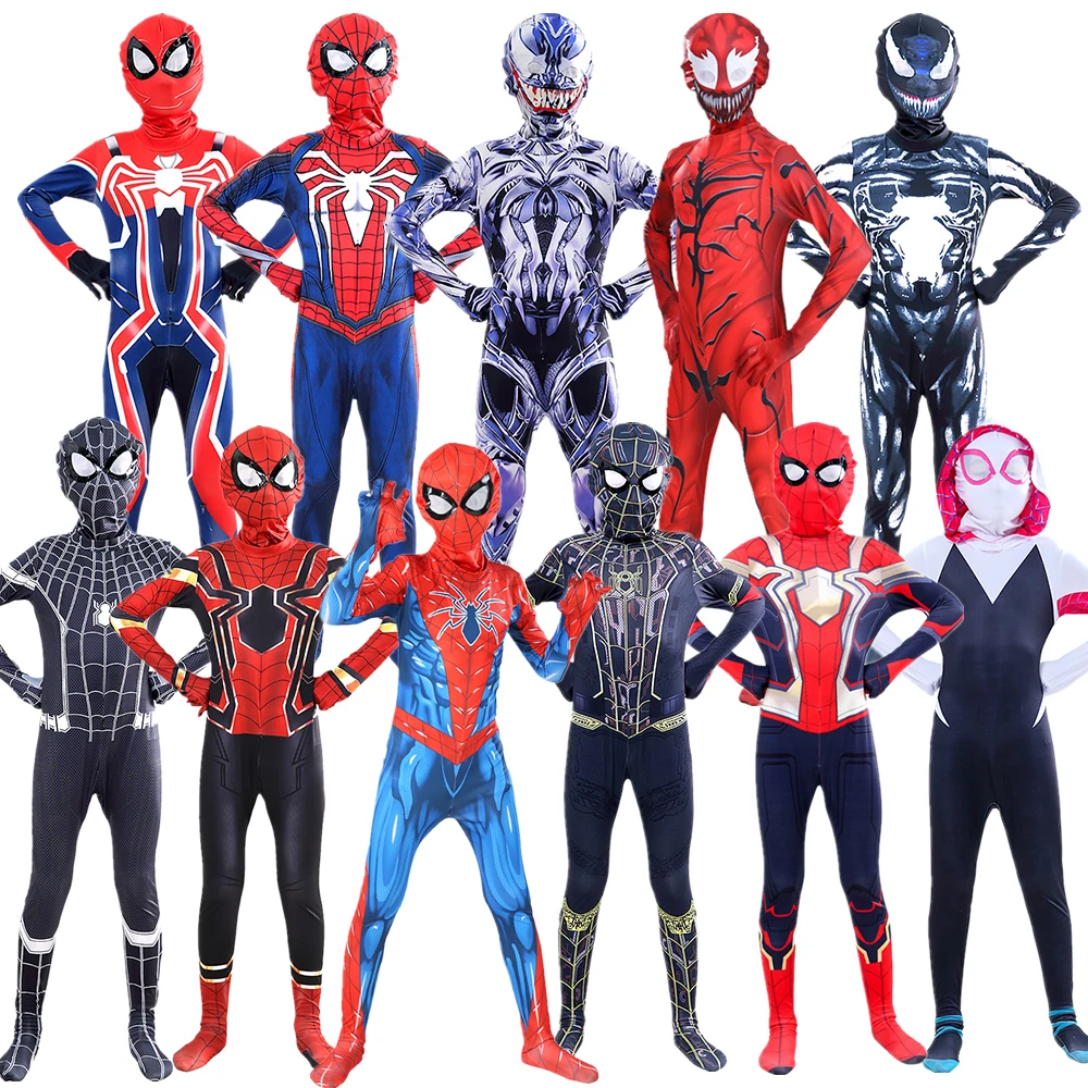 Kids Spider Man Venom Costumes Full Body Suit Stretch Spandex Fit 3-16 Years Children Role Play Party Cosplay Birthday Gift