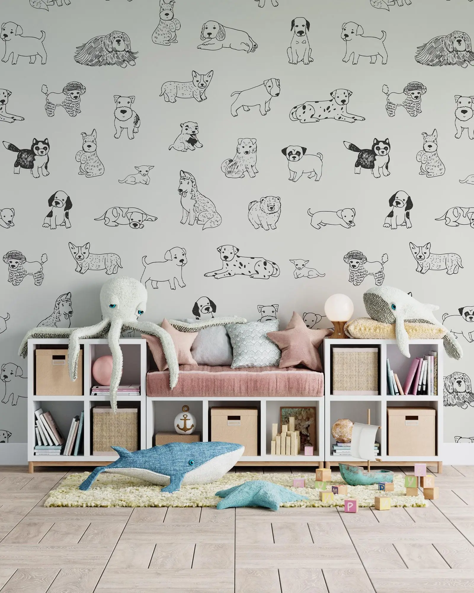 犬の剥がして貼る壁紙、かわいい取り外し可能な白黒の犬のスケッチ壁紙、保育園の子供部屋の装飾用、犬の壁アート紙