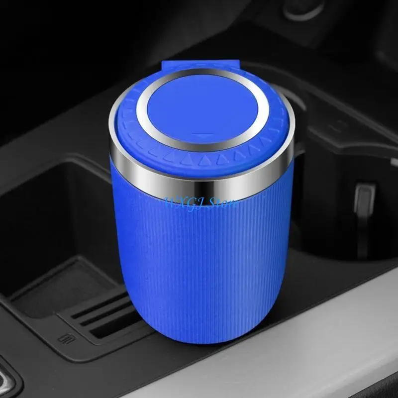 

37JE Car Ashtray, Auto Ashtray With LED Light, Mini Car Trash Can, Portable Ashtray with Lid Stainless Steel Men Gift