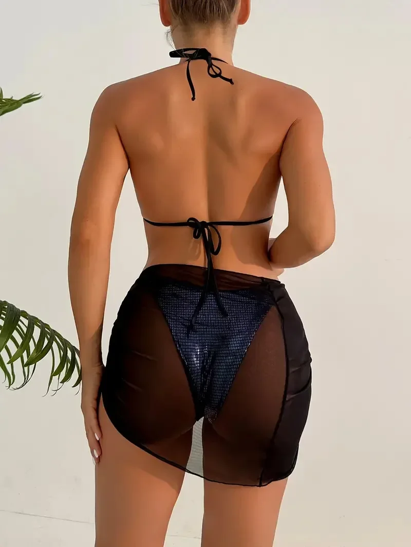 Sexy 3 Piece Bikini Set for Women 2025 New High Waist Beach Mesh Skirt Swimsuit Sexy Shiny Triangle Halter Backless Swimwear