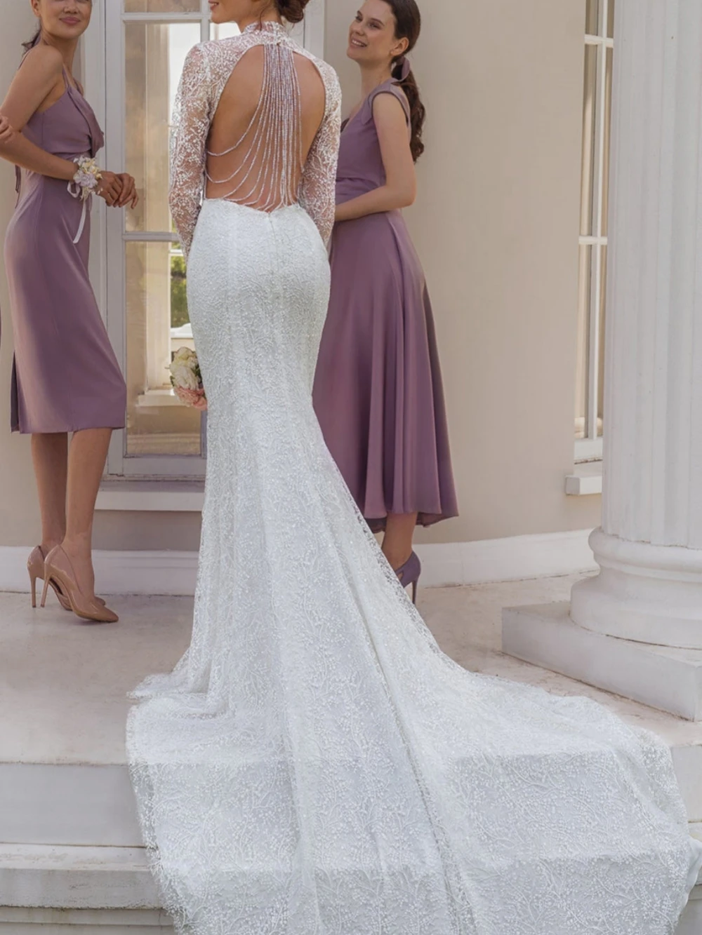 Bescheiden hoge kraag bruid gewaad klassieke kant applicaties bruidsjurk elegante zeemeermin lange trouwjurk aangepaste Robe De Mariée